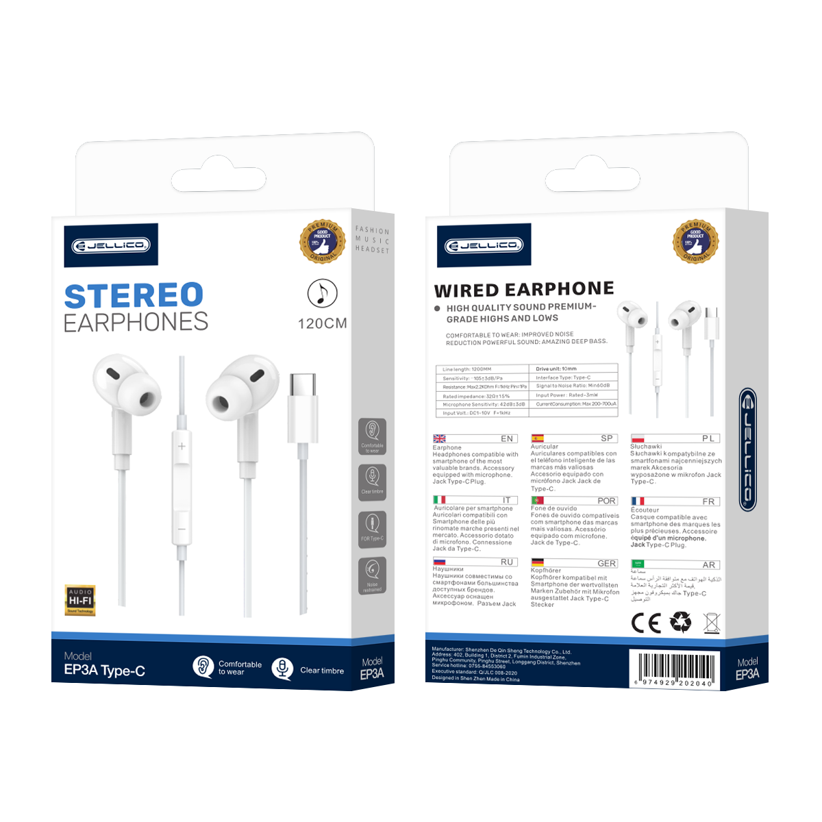 JELLICO wiRouge earphones EP3A USB-C with microphone 1.2M Blanc