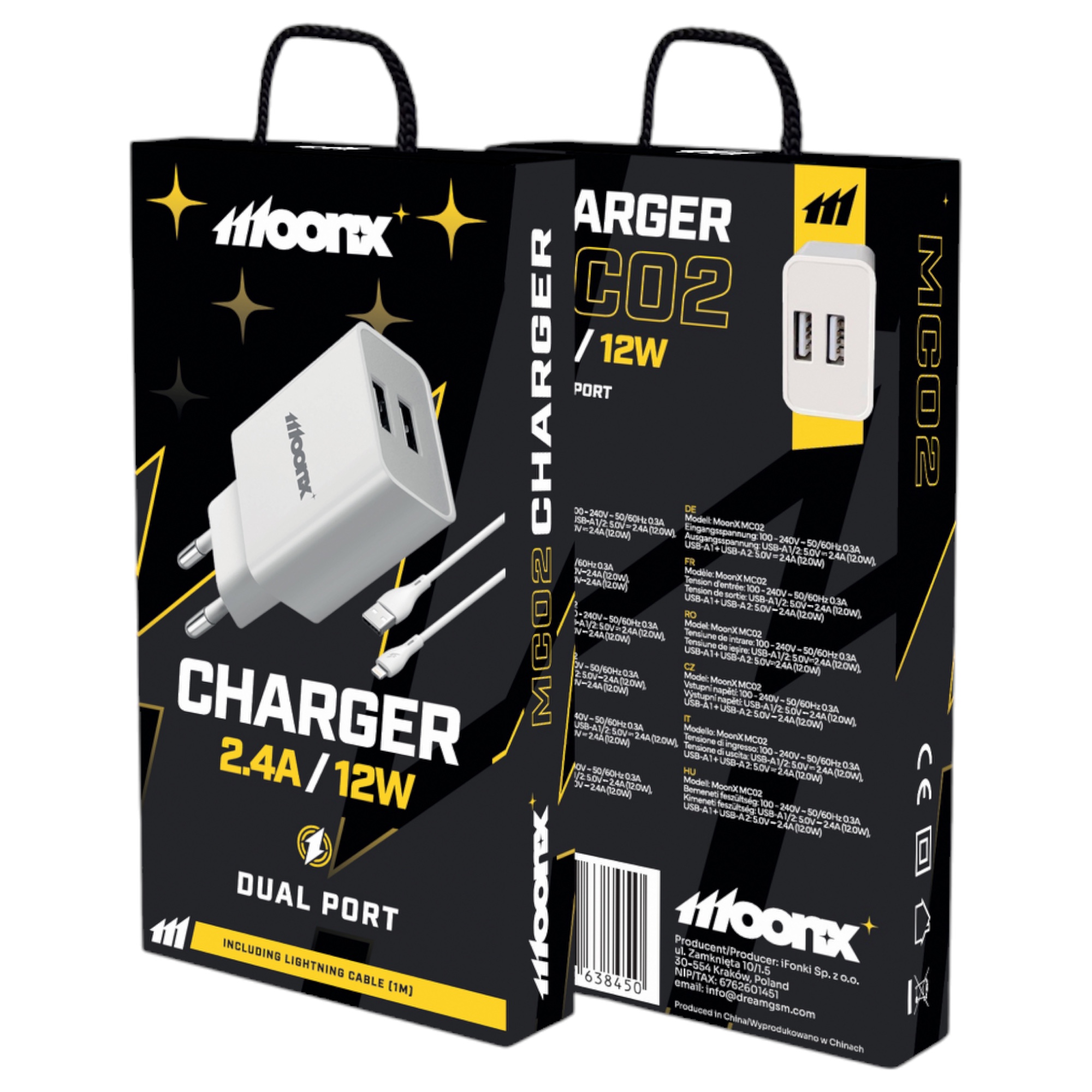 MOONX wall charger MC02 2.4A 12W 2xUSB + cable Lightning Blanc