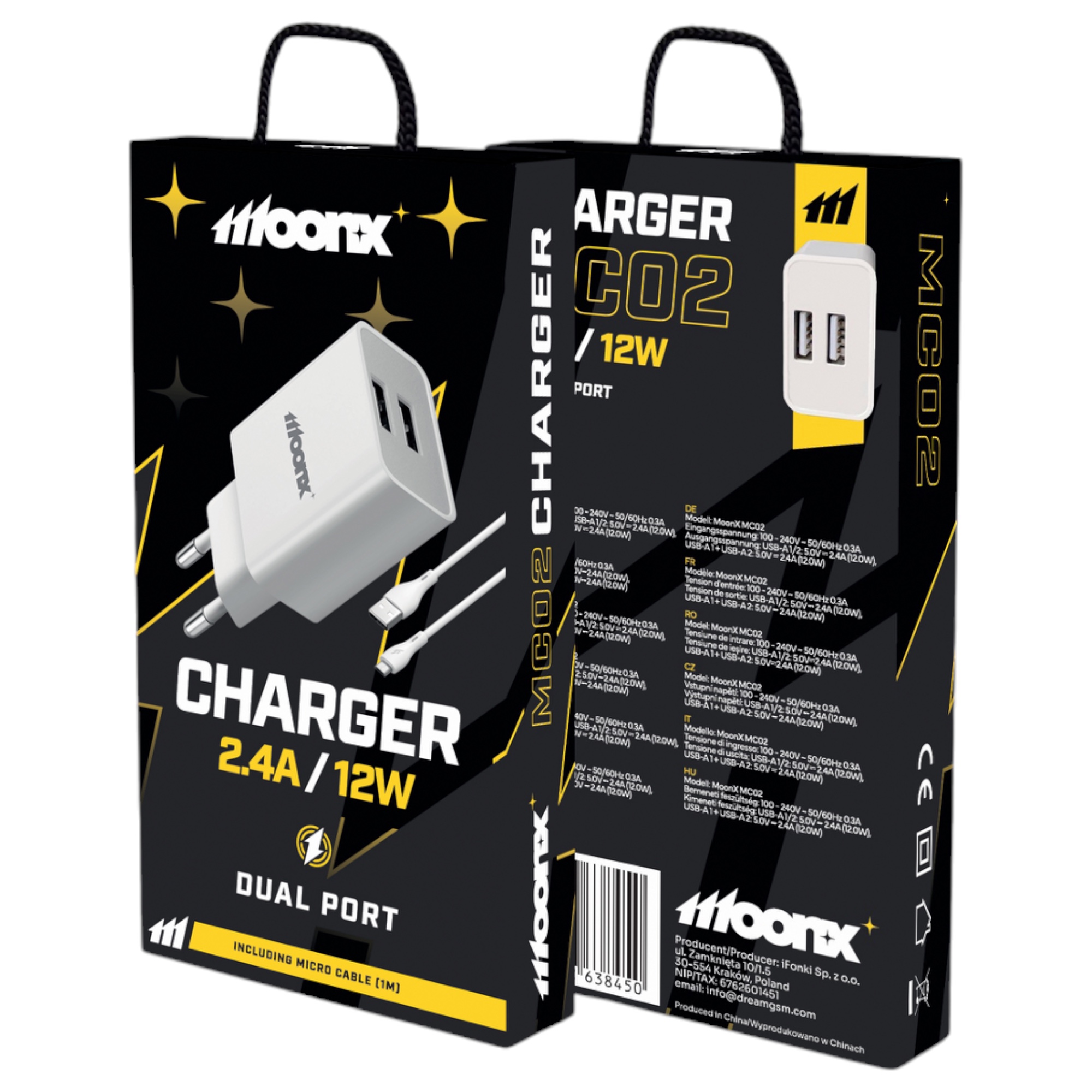 MOONX wall charger MC02 2.4A 12W 2xUSB + cable Micro Blanc