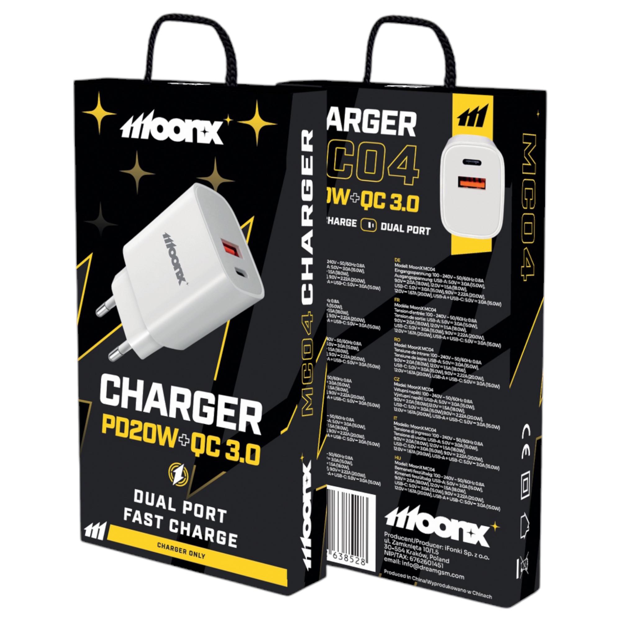 MOONX wall charger MC04 PD 20W 1xUSB-C + 1xUSB QC3.0 Blanc