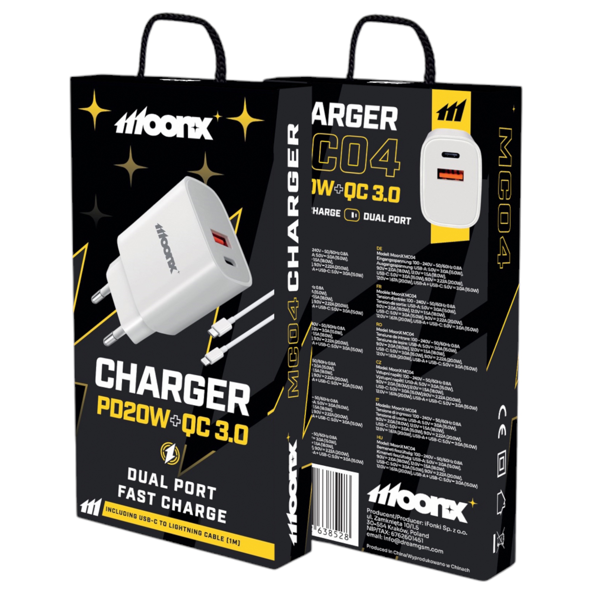 MOONX wall charger MC04 PD 20W 1xUSB-C + 1xUSB QC3.0 + cable USB-C – Lightning Blanc