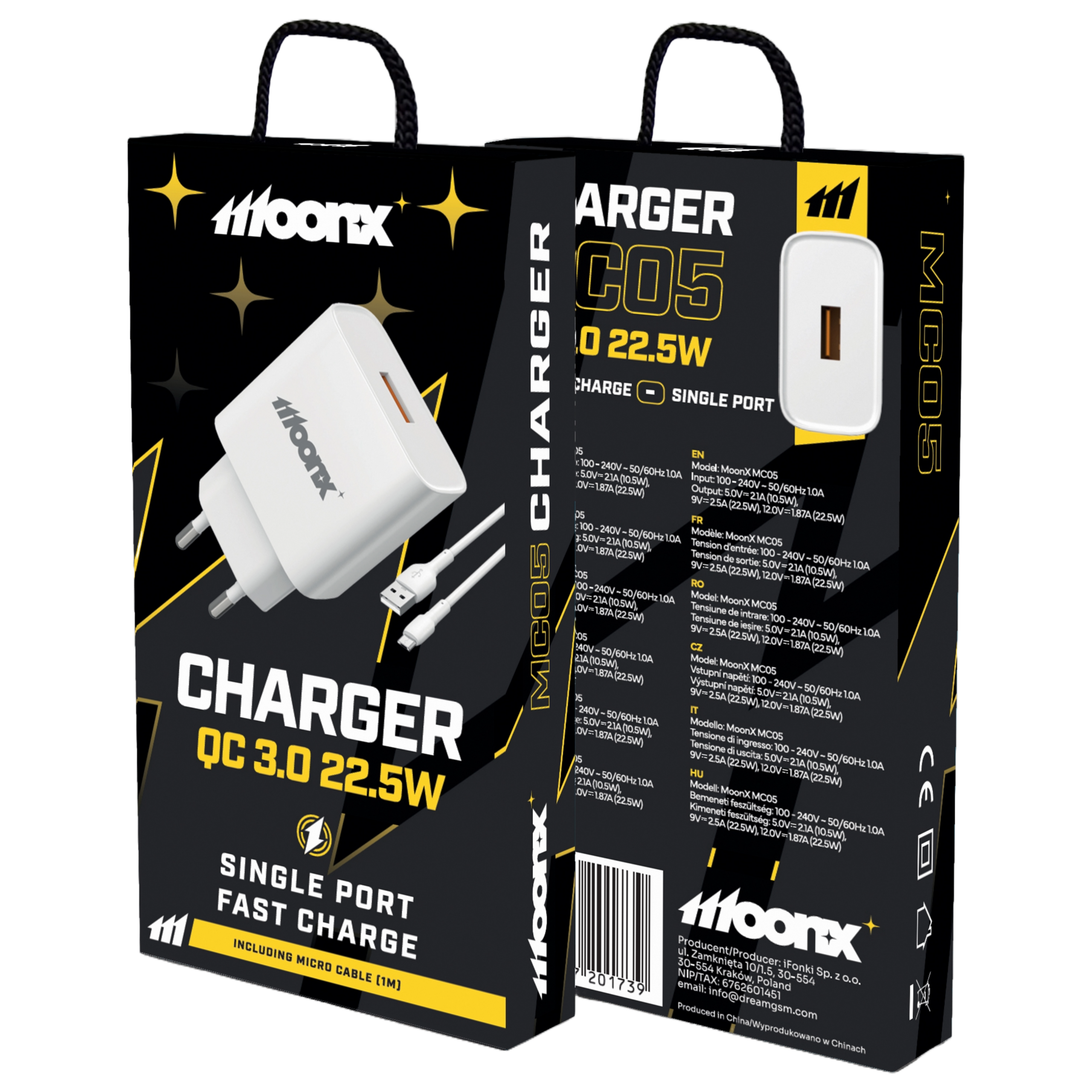 MOONX wall charger MC05 22,5W 1xUSB QC3.0 + cable Micro USB Blanc